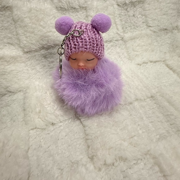 Cute Sleeping Baby Doll Faux Fur Pom Pom Keychain Bag Charm Purse Accessory - Picture 2 of 2